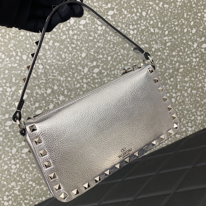 Valentino Garavani Rockstud Small Crossbody Bag in Silver Grainy Calfskin